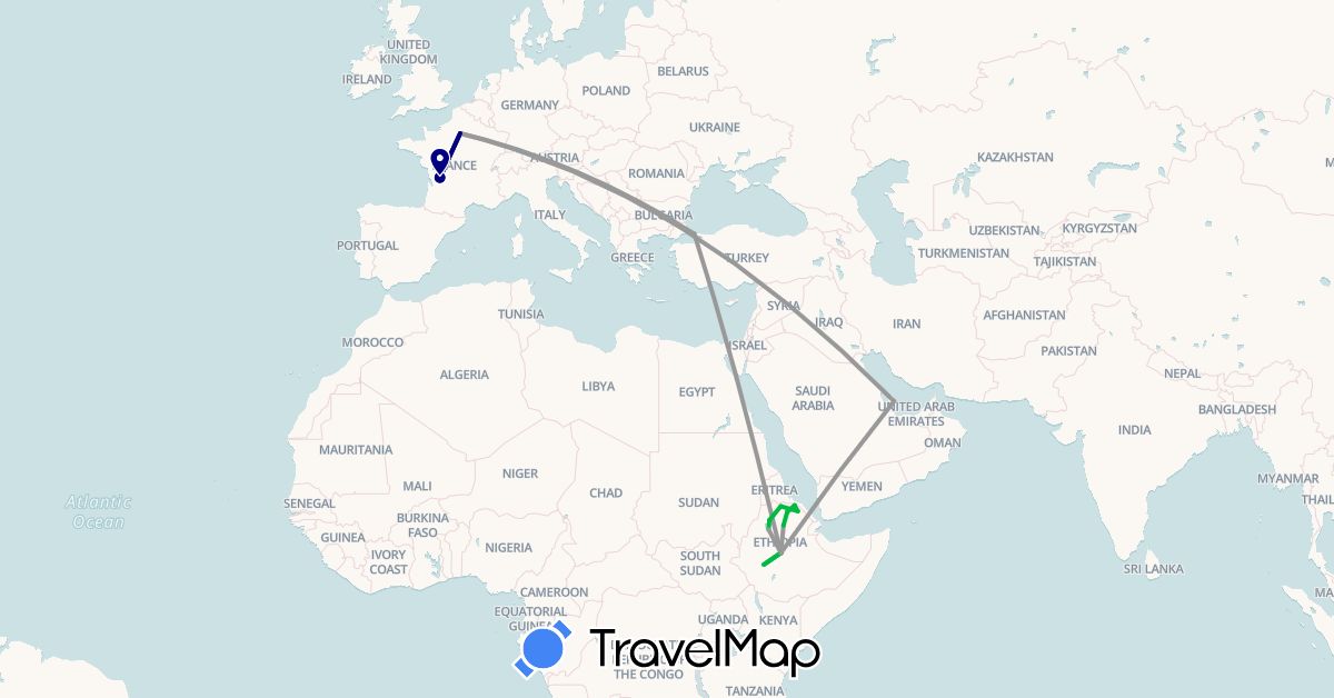 TravelMap itinerary: driving, bus, plane in Ethiopia, France, Qatar, Turkey (Africa, Asia, Europe)